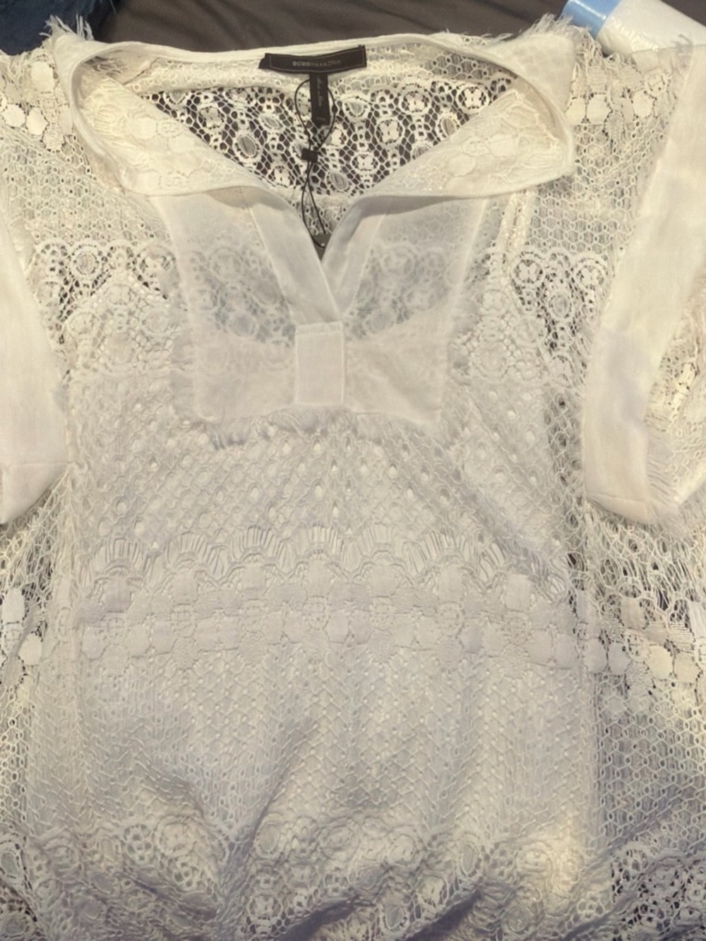 BCBGMaxAzria Ivory Lace Split-Neck Short Sleeve Top